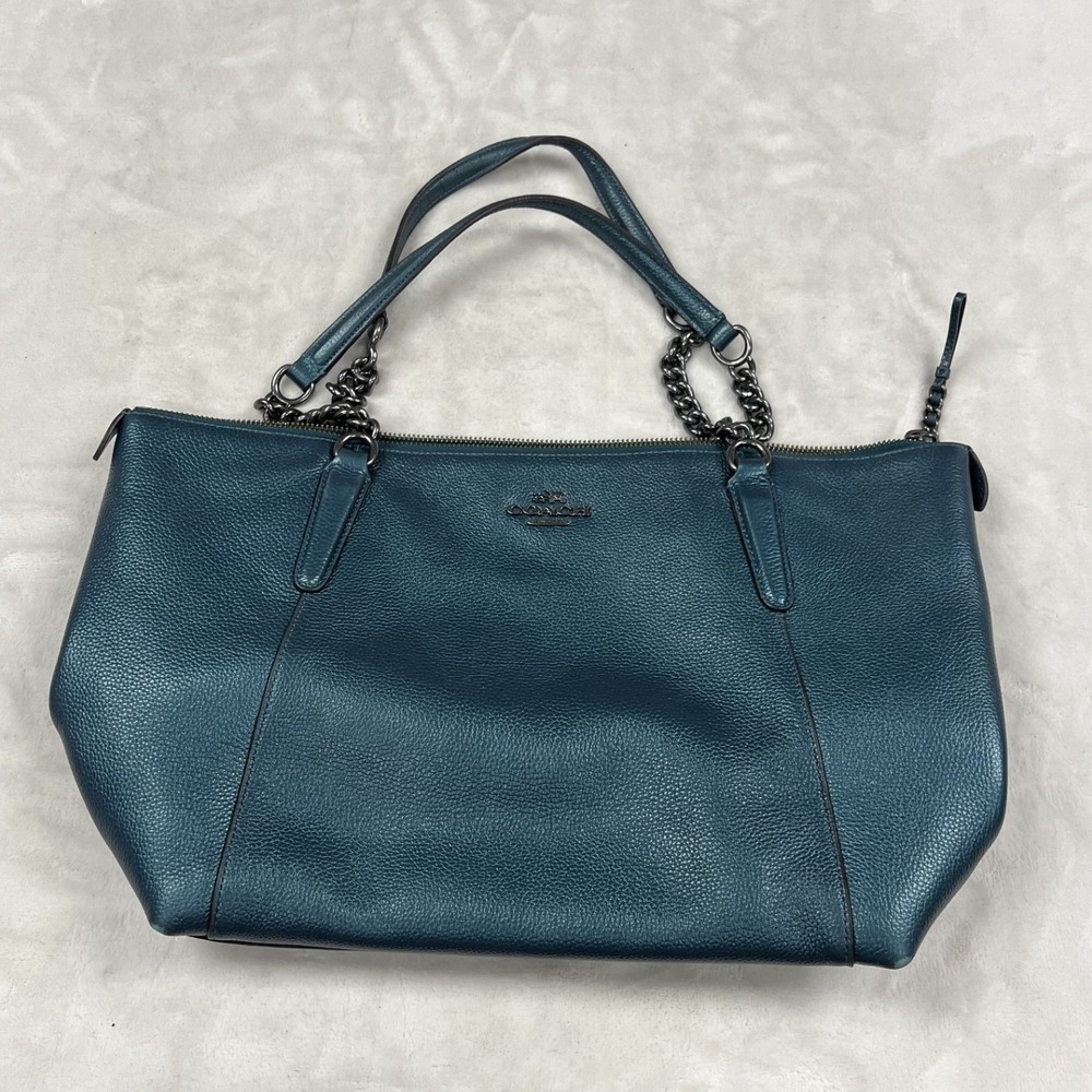 Coach Ava Chain Tote Womens Large Blue Metallic Pebbled Leather F22208